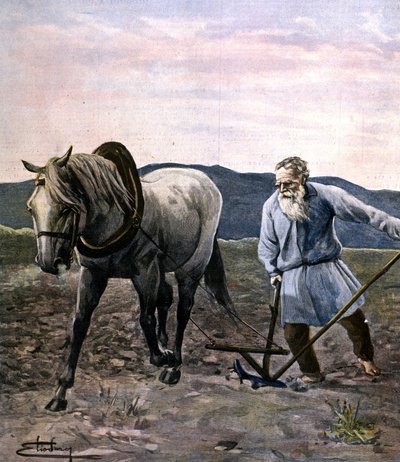 تولستوي حرث. نقش أواخر القرن التاسع عشر. بواسطة فنان غير معروف