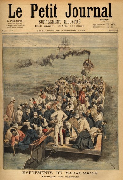 نقل الجرافات المصابة من مدغشقر. نقش في "" Le petit journal "" 26/01/1896. مجموعة سيلفا. بواسطة فنان غير معروف