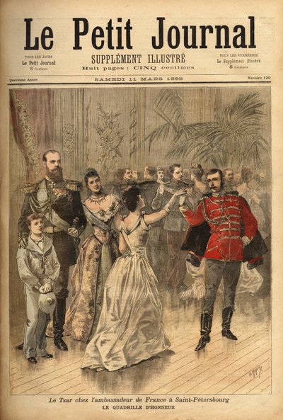 القيصر الكسندر الثالث (1815-1894) يرقص على رقعة الشرف في وليمة أقامها كونت مونتيبيلو ، السفير الفرنسي في روسيا. نقش في "" مجلة Le Petit "" 11/03/1893. مجموعة سيلفا. بواسطة فنان غير معروف