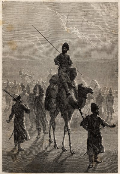 أُخذ سجناء أتراك إلى طهران بغرض مقايضة ضغائنهم أو مبادلة سجناء آخرين. نقش لتوضيح قصة Henri de Blocqueville "14 mois de captivite chez les turcomans" بين عامي 1860 و 1861 ، في "Le tour du mo" بواسطة فنان غير معروف