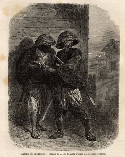 اثنان من رونين (الساموراي فقد سيده) يقفان في كمين. نقش لتوضيح الرحلة إلى اليابان ، في ١٨٦٣-١٨٦٤ ، بقلم آيم همبرت ، وزير الاتحاد السويسري ، في "" Le Tour du monde ، nouveau journal des voyages "المنشور تحت direc بواسطة فنان غير معروف