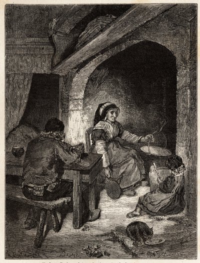 نزل في Saint Cernin ، نقش لتوضيح رحلة إلى البراكين في وسط فرنسا في عام 1864 ، في "Le tour du monde ، nouveau journal des voyages" المنشور تحت إشراف إدوارد شارتون بواسطة فنان غير معروف