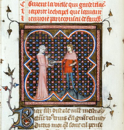 "" شاب وامرأة عجوز "" صفحة مضيئة من مخطوطة "Le Roman de la Rose" بقلم Guillaume de Lorris (حوالي 1200-1238) وجان دي مون (Meung) (1240-1305) حوالي 1353 سويسرا Bibliotheque de Geneve بواسطة فنان غير معروف