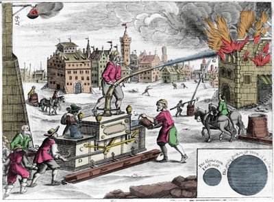 استخدام مضخة حريق من قبل رجال الإطفاء. نقش من "" Theatrum Machinarum novum "لجورج أندرياس بوكلر (1644-1698) بواسطة فنان غير معروف