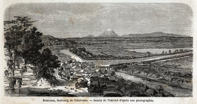 View of Homoura, suburb of Yokohama, with Mount Fuji in the background. Engraving to illustrate the voyage to Japan in 1863-1864, by Aime Humbert, minister of the Swiss Confederation, in “Le tour du monde, nouveau journal des voyages”, published under the  بواسطة فنان غير معروف
