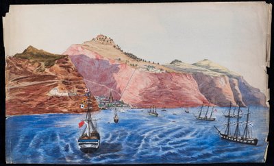 منظر لجيمستاون ، سانت هيلانة ، c.1850 (مرحاض على ورق) بواسطة غير معروف