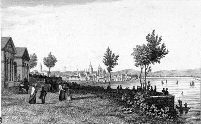 منظر لماينز في ألمانيا ونهر الراين حوالي عام 1830. بواسطة فنان غير معروف