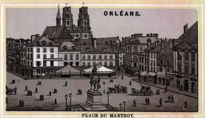 منظر لـ Place du Martroy في أورليانز ، قسم منطقة Loiret and Center ، فرنسا. الطباعة الحجرية الملونة في أواخر القرن التاسع عشر. بواسطة فنان غير معروف