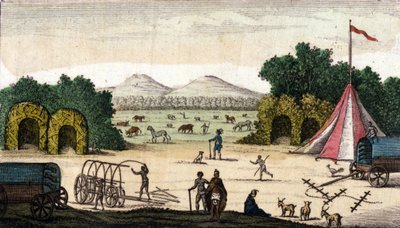 منظر لمعسكر هولندي (من الرواد البوير أو Voortrekkers ، الأفريكانيون) في بامبون كرال (بامبون كرال) ، مقاطعة كيب ، جنوب أفريقيا. 1860 بواسطة فنان غير معروف