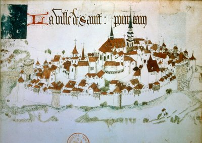 منظر لمدينة Saint Pourcain sur Sioule في Allier في Auvergne. صورة مصغرة من مخطوطة من القرن الخامس عشر. ب. باريس بواسطة فنان غير معروف