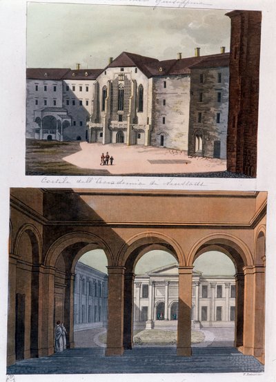 منظر لساحة Academie de Neustadt والحمامات العامة في فيينا. النمسا نقش من مجموعة خاصة 1826 بواسطة فنان غير معروف