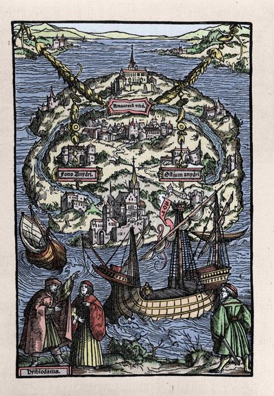 منظر لجزيرة اليوتوبيا (المدينة الفاضلة) من كتاب توماس مور (1478-1535) ، "" De optmo republicae statu deque nova insula Utopia ". نقش يوهان فروبن. 1518. بواسطة فنان غير معروف