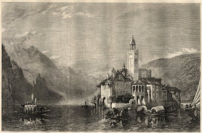 منظر لدير Mater Ecclesiae في جزيرة Saint Jules (Saint Jules) (San Giulio) على بحيرة Orta (بحيرة Cusio) في إيطاليا. نقش على لوحة رسمها ويليام كولينجوود سميث (1815-1887). في "The Illustrated London News" عدد 22 مارس بواسطة فنان غير معروف