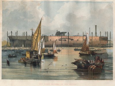 منظر للخط العابر للمحيط الأطلسي “Great Eastern” (Leviathan) قيد الإنشاء في Thames Shipyard في لندن. نقش في "" أخبار لندن المصورة "بتاريخ ٧ نوفمبر ١٨٥٧. بواسطة فنان غير معروف