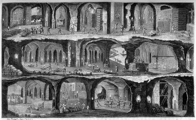 منظر لأعمال تحت الأرض في مناجم الملح في Wieliska ، Gallicia. في "" Les wonders de l'industrie "للمخرج لويس فيغير. بواسطة فنان غير معروف