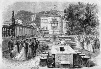 زيارة الإمبراطور فرانسوا جوزيف (1830-1916) وإمبراطورة النمسا إليزابيث (سيسي) (1837-1898) مع أوجيني (1826-1920) ، إمبراطورة الفرنسيين ونابليون الثالث إلى المقر الإمبراطوري لهيلبرون في النمسا في 21 أغسطس بواسطة فنان غير معروف
