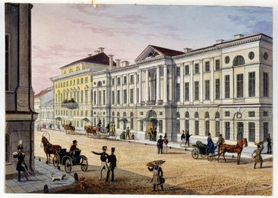 منظر خارجي لـ Hotel des Postes de Saint Petersburg (Album de Marie Taglioni) (فندق Post في سانت بطرسبرغ (ألبوم ماري تاجليوني). نقش مجهول وألوان مائية ، 1840. موسكو ، متحف الدولة لـ AS بوشكين. بواسطة فنان غير معروف