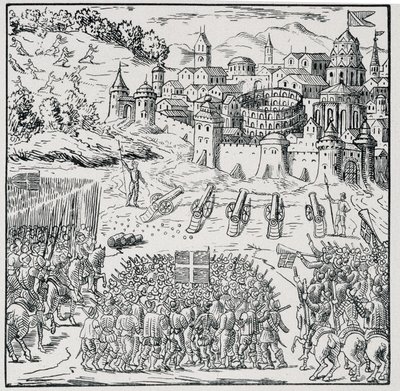 حرب الأديان: مدينة نيم التي حاصرها جيش الملك (هنري الثالث) عام 1576 - في "" مجموعة من 39 شخصية تمثل نكبات فرنسا من 1562 إلى 1586 "" ، توقيع لويس بيرين. بواسطة فنان غير معروف