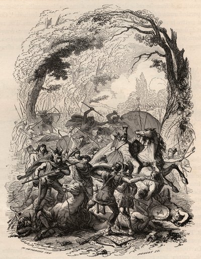 حرب الغال: معركة Aduatuca بين الشعب البلجيكي Eburons والجيش الروماني. هزم Quintus Titurius Sabinus و Lucius Aurunculeius Cotta عام 54 قبل الميلاد. نقش من عام 1868 في "Histoire de Belgique من العصور البدائية حتى نهاية بواسطة فنان غير معروف
