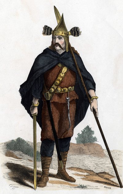 المحارب ، فترة الأسلحة البرونزية - في "" الأزياء المدنية والعسكرية للفرنسيين عبر القرون Paris F. Roy 1882 "". بواسطة فنان غير معروف