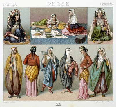 وجبة نسائية وأزياء نسائية في بلاد فارس - في "الزي التاريخي" للفنان Racinet بواسطة فنان غير معروف