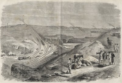 العمل في قناة السويس 1864 - موقع البناء وأعمال الحفر على قناة السويس عام 1864 (شالوف ترانشي) - بواسطة فنان غير معروف