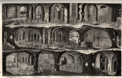 العمل في منجم الملح Wieliczka - بلدة التعدين في بولندا - منظر لأعمال تحت الأرض في مناجم الملح في Wieliska ، في Gallicie - نقش في "Les Merveilles de l'Industrie" بواسطة Louis Figuier بواسطة فنان غير معروف