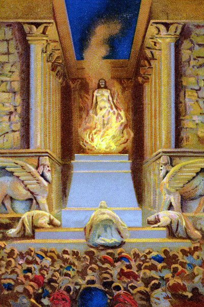 زرادشت (Zarathustra ، Zarathushtra ، Zarathustra or Zoroastra) مات في المعبد المحاط باللهب. Chromolithograh من القرن التاسع عشر. بواسطة فنان غير معروف