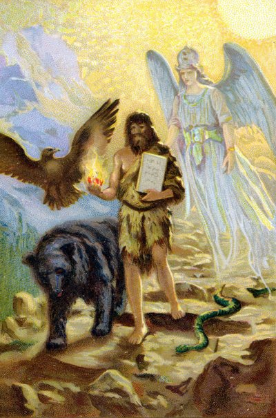 زرادشت (Zarathustra ، Zarathushtra ، Zarathustra أو Zoroastra) ، بإرشاد من رئيس الملائكة ورفقة الحيوانات التي من شأنها أن تبقي رفيقه أثناء تراجعه على الجبل ، ينزل بين الرجال لحمل طاولات القانون التي تلقاها Ahura Mazda بواسطة فنان غير معروف