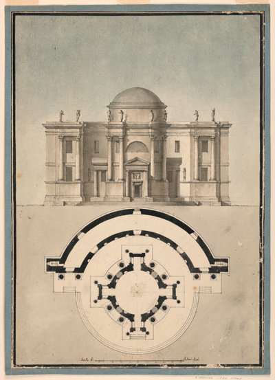 تصميم لمعبد كلاسيكي مع هيكل تمبيتو ونصف دائري بواسطة Unknown, Italian