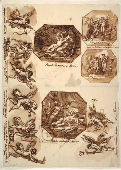 رسم، كيوبيد ونفسه: أربعة مثمنات وثماني رسومات لكوبيد، 1810-15 بواسطة فنان غير معروف