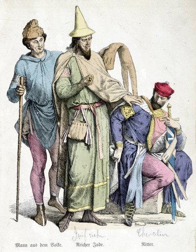 أزياء القرن الحادي عشر: الرجل ذو العصا ، واليهودي الغني والفارس. نقش القرن التاسع عشر. بواسطة فنان غير معروف
