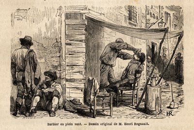 حلاق في مهب الريح في شوارع روما. نقش لتوضيح الرحلة إلى روما ، بقلم فرانسيس وي ، في 1864-1868 ، نُشر في "Le tour du monde ، nouveau journal des voyages" ، تحت إشراف إدوارد شارتون بواسطة فنان غير معروف