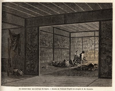 مهجع في نزل في اليابان. نقش لتوضيح الرحلة إلى اليابان في 1863-1864 ، بقلم آيم هامبرت ، وزير الاتحاد السويسري ، في "Le Tour du monde ، nouveau journal des voyages" ، الذي نُشر تحت إشراف إدوارد شارتون بواسطة فنان غير معروف