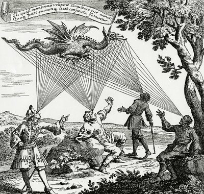 A dragon seen from different visual angles, based on a copper engraving of Zahn