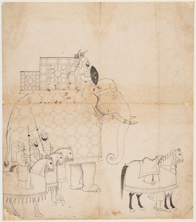 رسم للفيل والخيول Caparisoned بواسطة فنان غير معروف