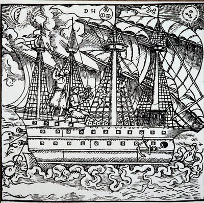 A navigator on a Portuguese caravel using an astrolabe. Engraving from the travel stories of the German navigator Hans Staden (1525-1579) بواسطة فنان غير معروف