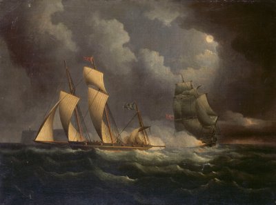 زورق تهريب يطارده مركب شحن بحري، حوالي عام 1825 (زيت على قماش) بواسطة فنان غير معروف