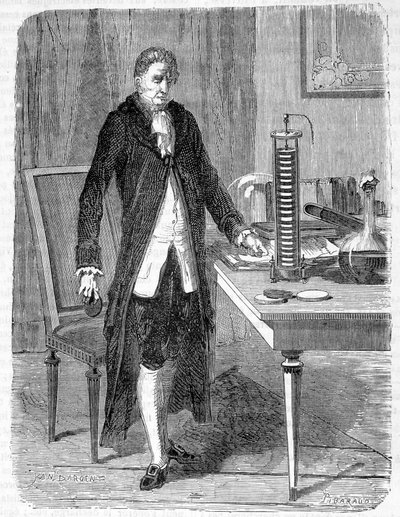 بنى أليساندرو (ألكسندر) فولتا ، في عام 1799 ، محركًا كهربائيًا أو بطارية كهربائية - نقشًا بواسطة فنان غير معروف
