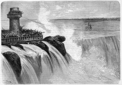 American Jenkins يعبر شلالات نياجرا على Velocipede في عام 1869. بواسطة فنان غير معروف
