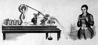 المخترع الأمريكي صموئيل فينلي بريز مورس (1791-1872) يمثل بجانب تلغرافه. نقش القرن التاسع عشر بواسطة فنان غير معروف