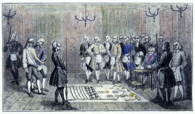 نزل للمبتدئين في باريس ، حوالي عام 1740: يصور هذا المشهد استقبال الماسوني "المتدرب" (على الأرض لوحة نزل المتدربين) - وفقًا لنقش في ذلك الوقت. بواسطة فنان غير معروف