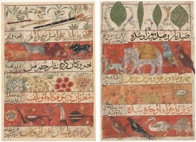 الحيوانات والأحجار الكريمة والعملات والآلات الموسيقية (وجه الصفحة) ؛ حيوانات وطيور ونباتات من مؤنس الأحرار في دقاق الأشعر لمحمد بن بدر الدين ججرمي (نشط في أربعينيات القرن الرابع عشر) بواسطة فنان غير معروف