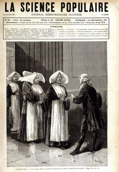 أنطوان أوجستين بارمنتييه (1737 - 1813) ، صيدلي معروف بنشر زراعة البطاطا في فرنسا ، مخاطبًا الراهبات. في "" La science populaire "" 20/01/1881. بواسطة فنان غير معروف