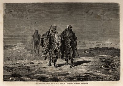 البدو العرب وتجار جلود الفهود وصوف الأغنام في طريقهم إلى مسيرة بغداد (العراق). نقش لتوضيح الرحلة إلى بابل ، في عام 1866 ، بواسطة غيوم ليجين ، في "حول العالم ، مجلة سفر جديدة" التي نُشرت تحت الرهيب بواسطة فنان غير معروف