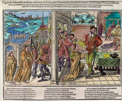 اغتيال ملك فرنسا هنري الثالث (1551-1589) من قبل جاك كليمان (1567-1589) ، مؤيد ديني دومينيكي للرابطة الكاثوليكية ، في 1 أغسطس بواسطة فنان غير معروف