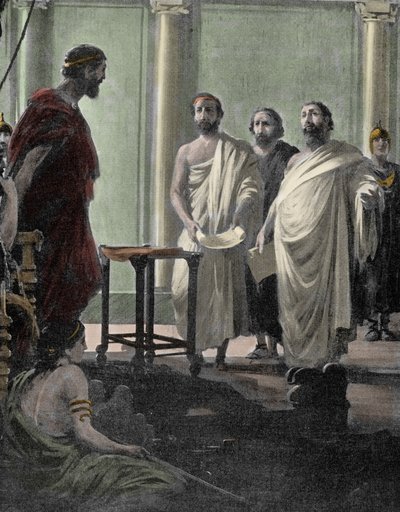 الجنرال الأثيني والسياسي Alcibiades (450 قبل الميلاد - 404 قبل الميلاد) ، تلميذ بريكليس وسقراط ، استدعى في 407 من قبل النظام الديمقراطي في أثينا بعد نفيه. نقش القرن التاسع عشر بواسطة فنان غير معروف
