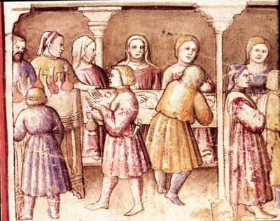 مشهد مأدبة في قصر غني في Padua Miniature من مجلد مخطوطة 212 (أو Padovano Codice أو الكتاب المقدس لبادوا) 1390-1400 Rovigo، Accademia dei Concordi بواسطة فنان غير معروف