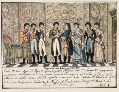 مقابلة بايون في عام 1808 بعد تمرد أرانجويز ، الذي شهد تنازل الملك تشارلز الرابع ملك إسبانيا عن العرش لنابليون الأول قبل ابنه فرديناند السابع (فرناندو السابع) بواسطة فنان غير معروف