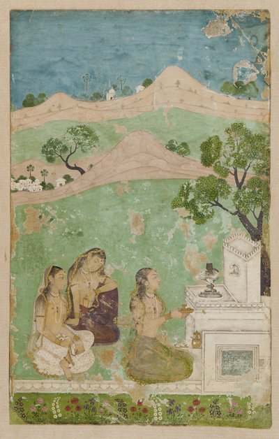 Bhairavi Ragini (وضع موسيقي): ثلاث شخصيات قبل الضريح بواسطة فنان غير معروف